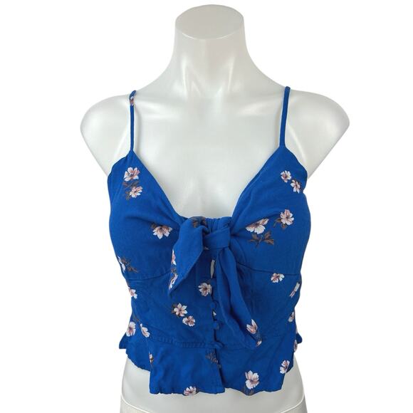 American Eagle Blue Floral Bow Tie Button Spaghetti Peplum Cami Crop Tank Top M - Picture 1 of 4